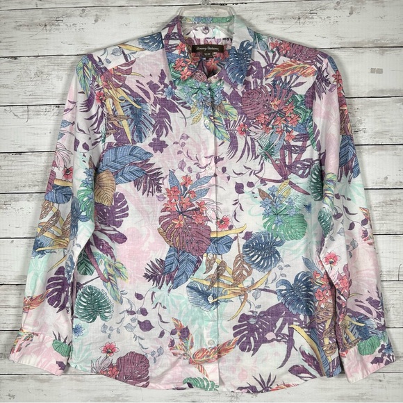 Tommy Bahama Linen Polyester Tropical Palm Shirt Women’s Sz Medium Long Sleeve - Picture 2 of 7